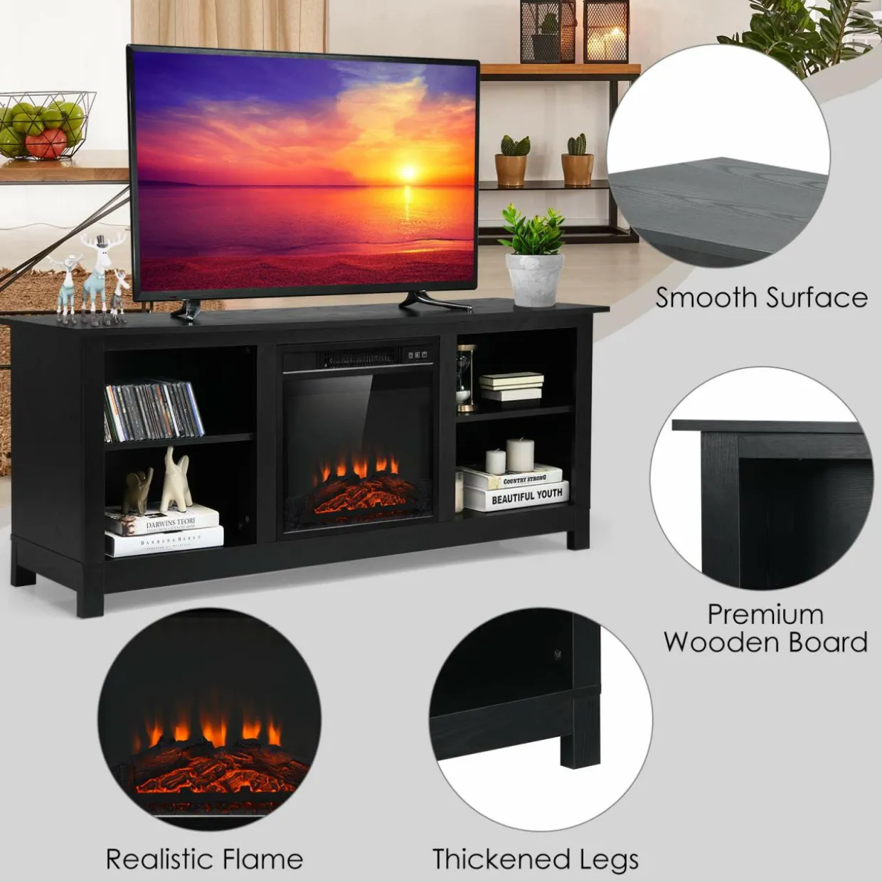 Tangkula Fireplace TV Stand for TVs up to 65 Inches, with 18 Inches 1400W 5,000 BTU Electric Fireplace Insert