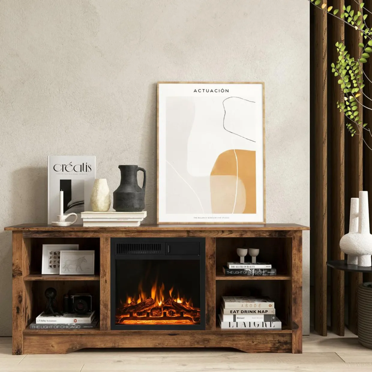 Tangkula Fireplace TV Stand for 65 Inches TV, 18” Electric Fireplace with Remote, 7-Level Brightness and 750W/1500W Heat Setting