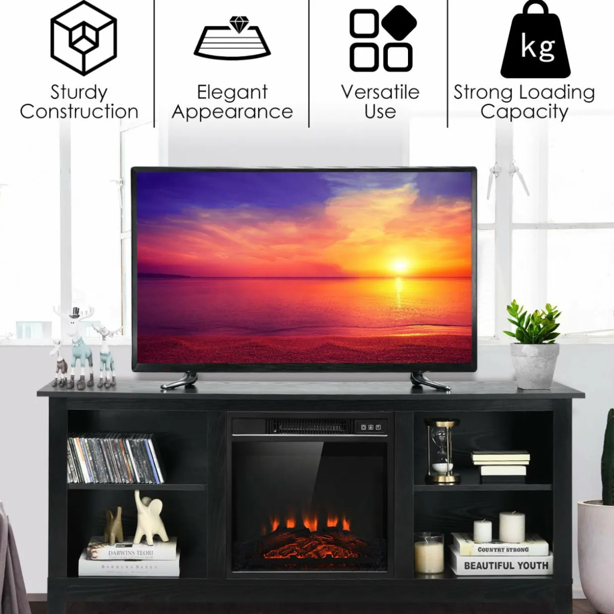 Tangkula Fireplace TV Stand for TVs up to 65 Inches, with 18 Inches 1400W 5,000 BTU Electric Fireplace Insert