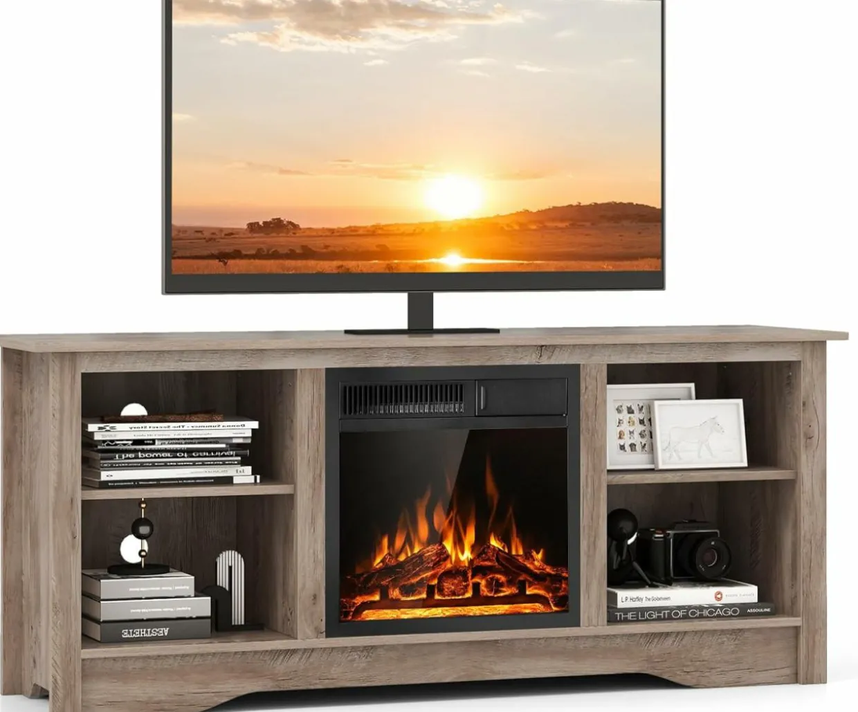 Tangkula Fireplace TV Stand for 65 Inches TV, 18” Electric Fireplace with Remote, 7-Level Brightness and 750W/1500W Heat Setting