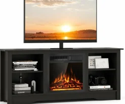 Tangkula Fireplace TV Stand for 65 Inches TV, 18” Electric Fireplace with Remote, 7-Level Brightness and 750W/1500W Heat Setting