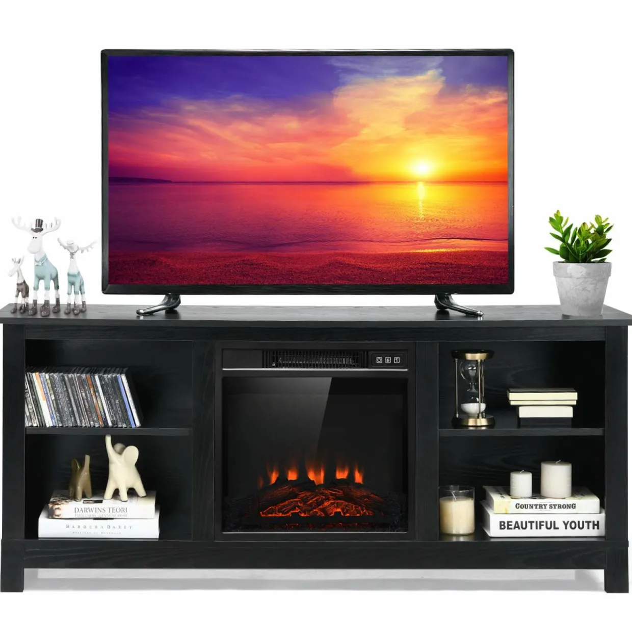 Tangkula Fireplace TV Stand for TVs up to 65 Inches, with 18 Inches 1400W 5,000 BTU Electric Fireplace Insert