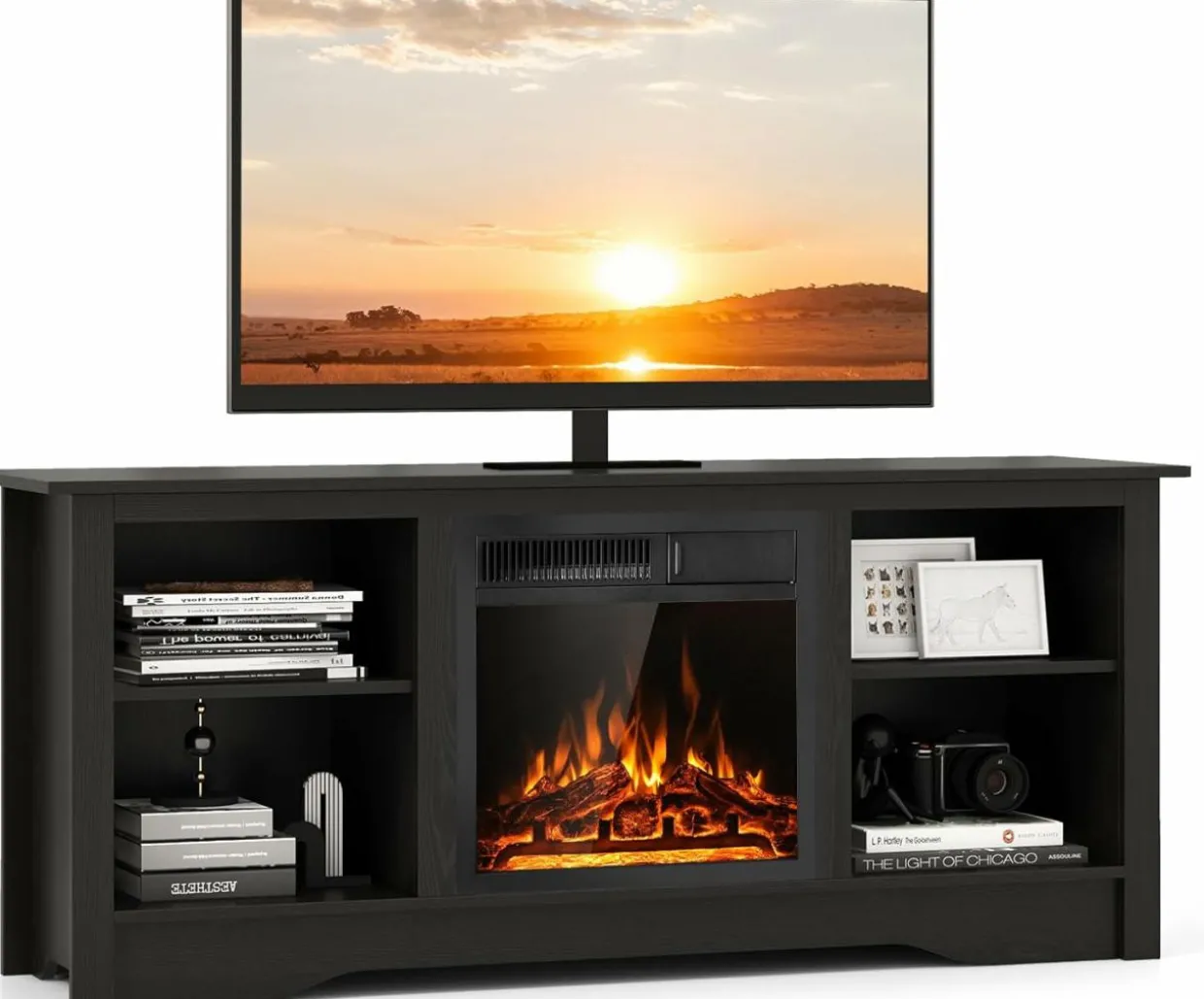 Tangkula Fireplace TV Stand for 65 Inches TV, 18” Electric Fireplace with Remote, 7-Level Brightness and 750W/1500W Heat Setting