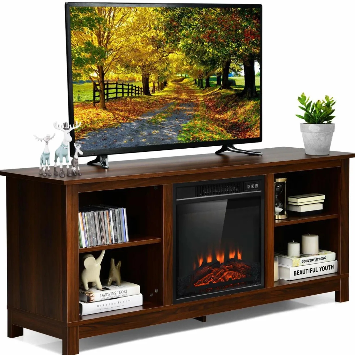 Tangkula Fireplace TV Stand for TVs up to 65 Inches, with 18 Inches 1400W 5,000 BTU Electric Fireplace Insert