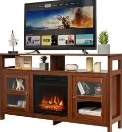 Tangkula Fireplace TV Stand for TVs up to 65 Inches, with 18 Inches 1400W 5,000 BTU Electric Fireplace