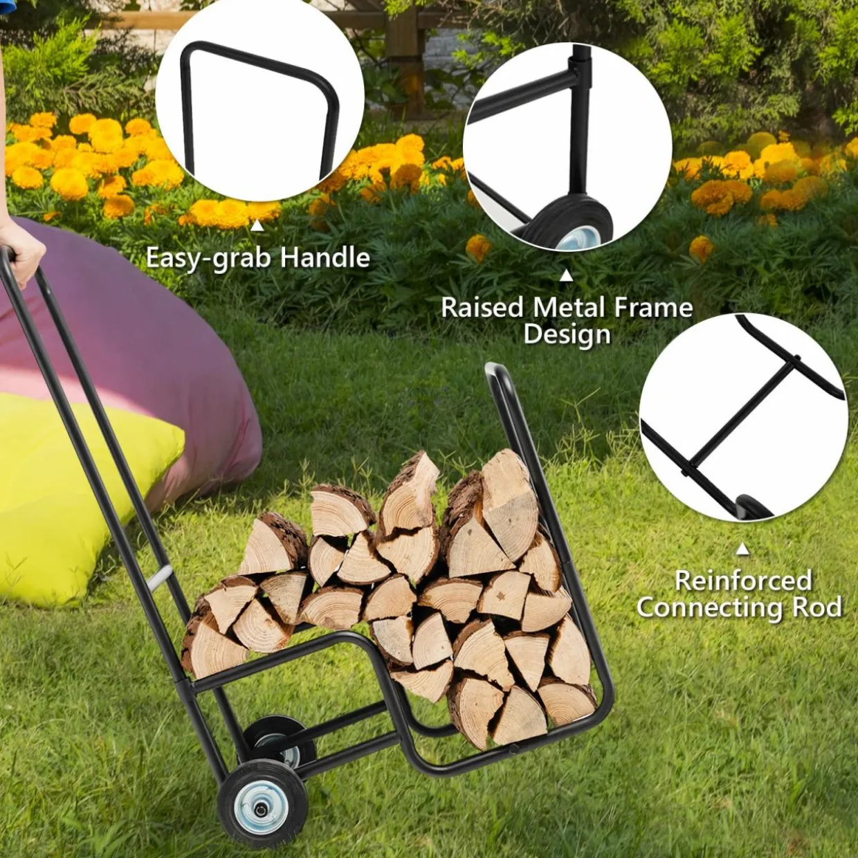 Tangkula Firewood Log Carrier Mover, Wood Rack Storage Mover with Rolling Wheels & Ergonomic Handle