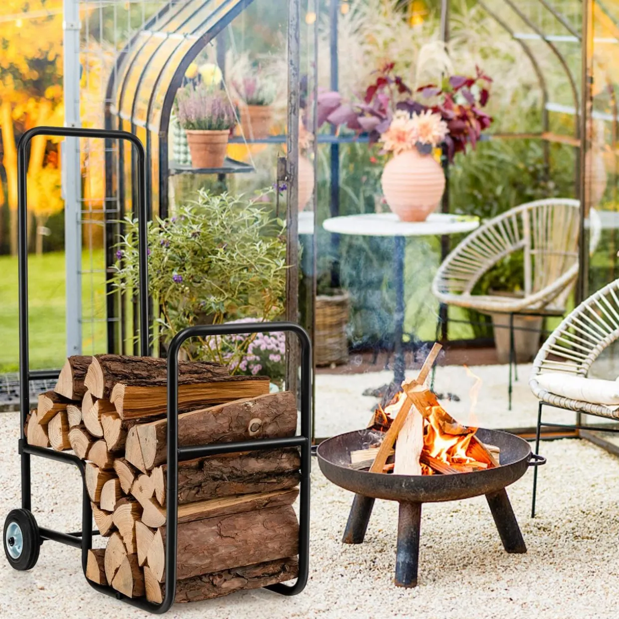 Tangkula Firewood Log Carrier Mover, Wood Rack Storage Mover with Rolling Wheels & Ergonomic Handle