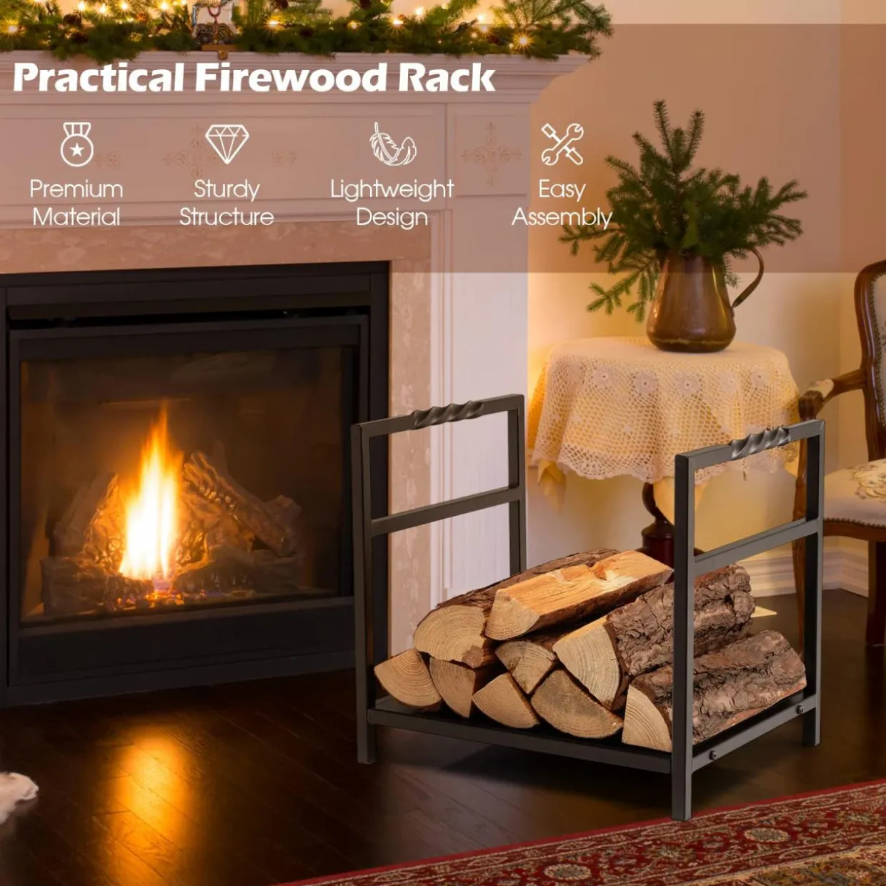 Tangkula Firewood Log Rack, Heavy Duty Firewood Holder with Unique Handle and Raised Feet