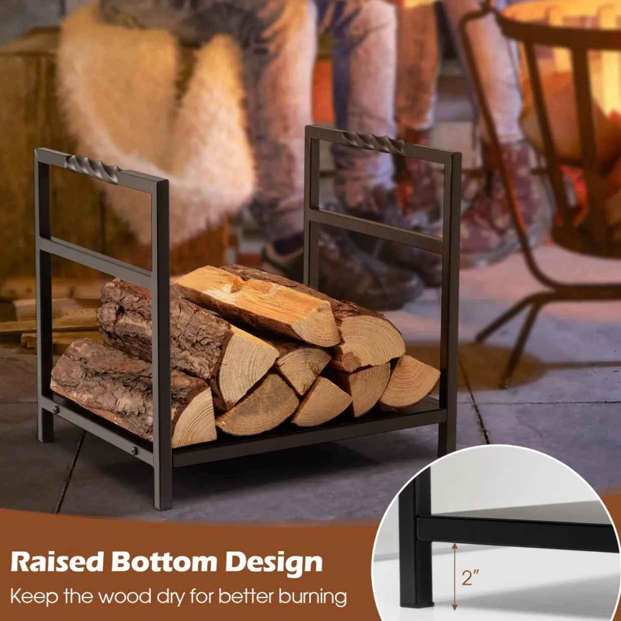Tangkula Firewood Log Rack, Heavy Duty Firewood Holder with Unique Handle and Raised Feet