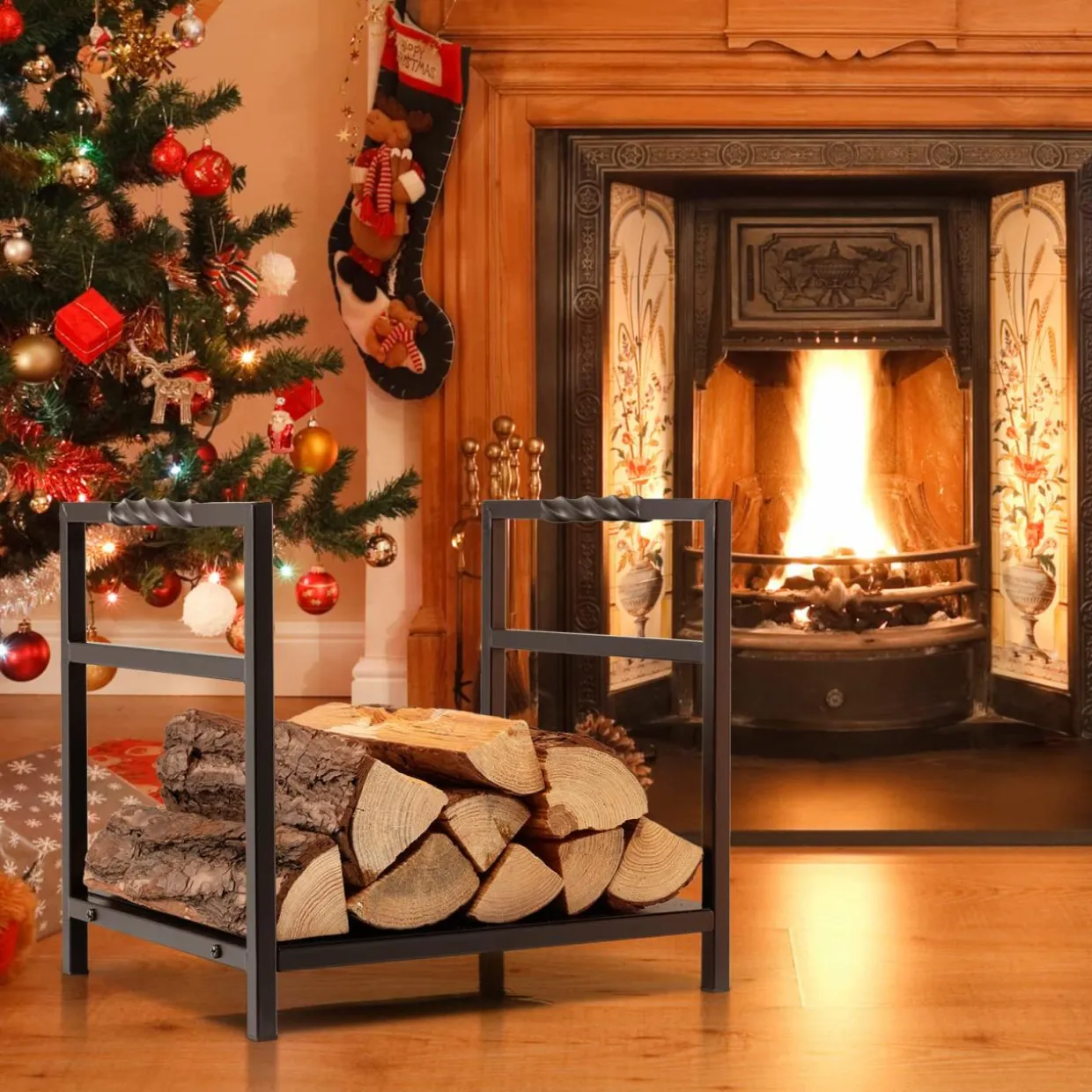 Tangkula Firewood Log Rack, Heavy Duty Firewood Holder with Unique Handle and Raised Feet