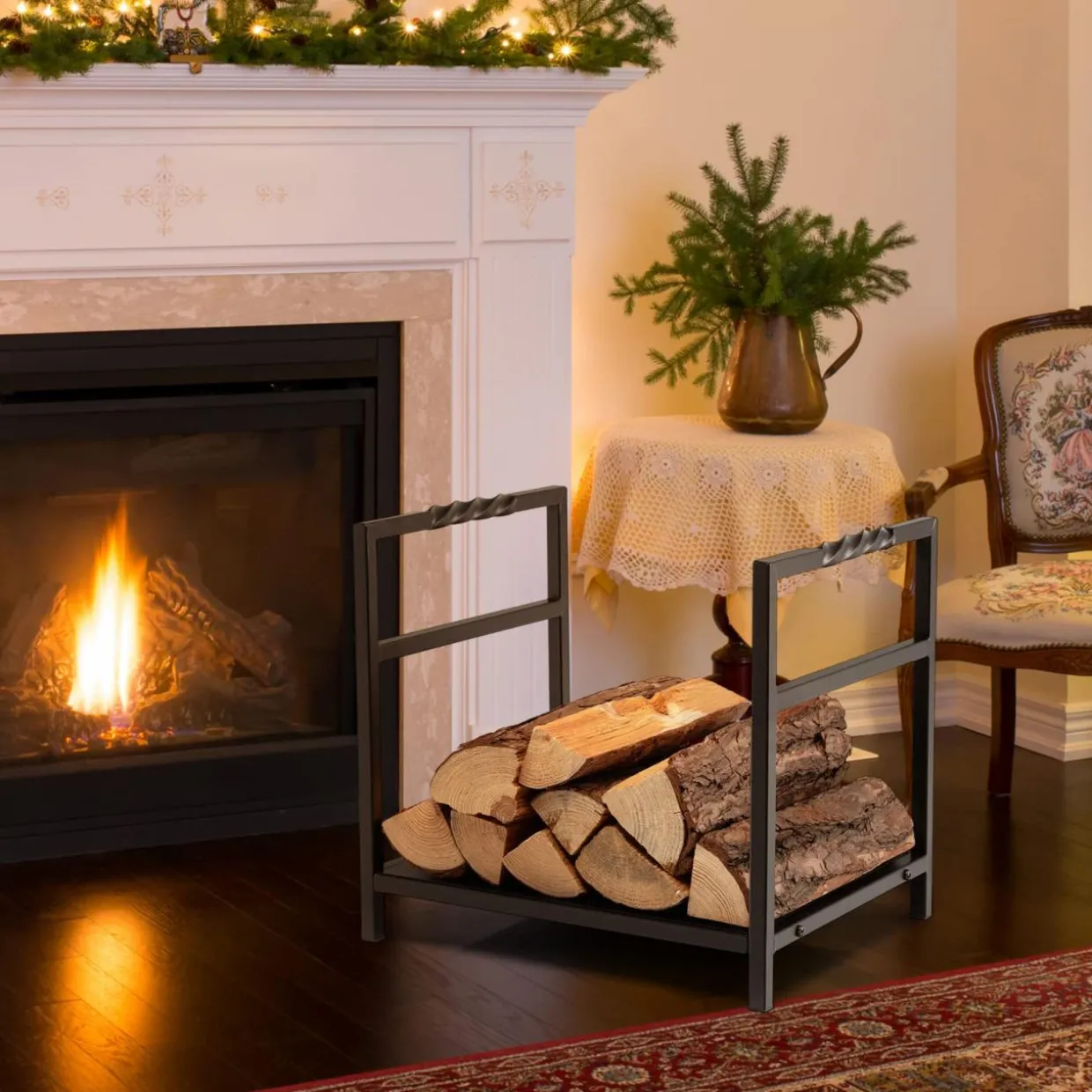 Tangkula Firewood Log Rack, Heavy Duty Firewood Holder with Unique Handle and Raised Feet