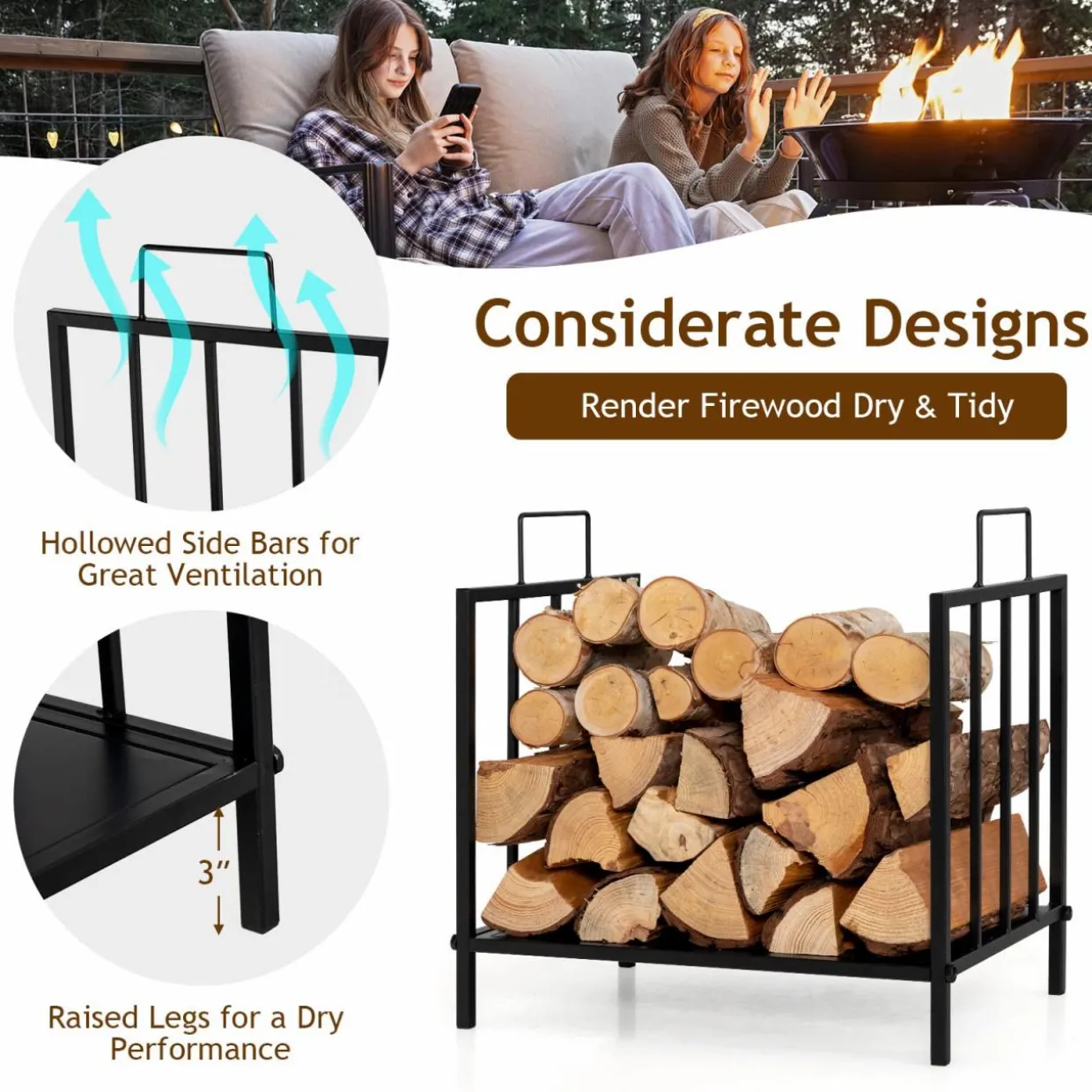 Tangkula Firewood Rack, Heavy Duty Logs Stand Stacker with Convenient Side Handle