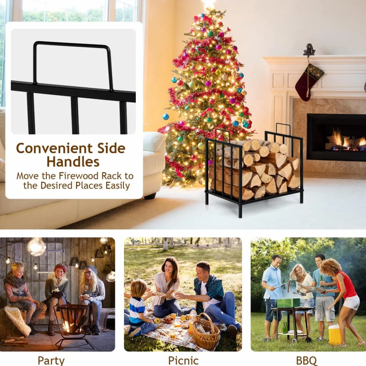 Tangkula Firewood Rack, Heavy Duty Logs Stand Stacker with Convenient Side Handle