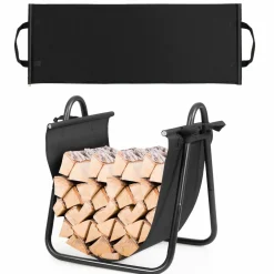 Tangkula Firewood Rack Holder with Canvas Carrier, Firewood Logs Stacker Basket for Indoor or Outdoor Use