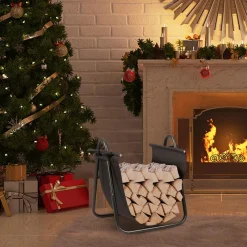 Tangkula Firewood Rack Holder with Canvas Carrier, Firewood Logs Stacker Basket for Indoor or Outdoor Use