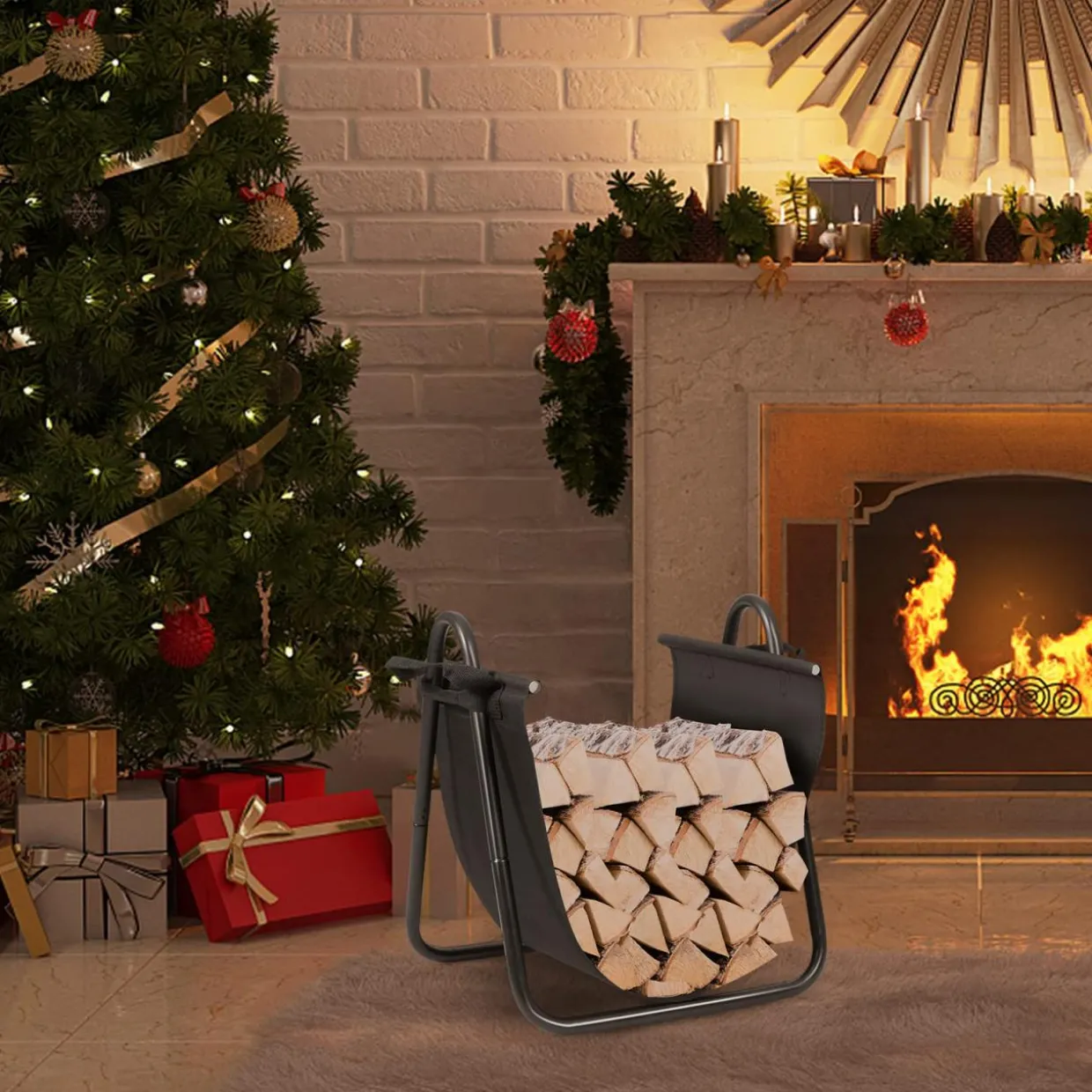 Tangkula Firewood Rack Holder with Canvas Carrier, Firewood Logs Stacker Basket for Indoor or Outdoor Use