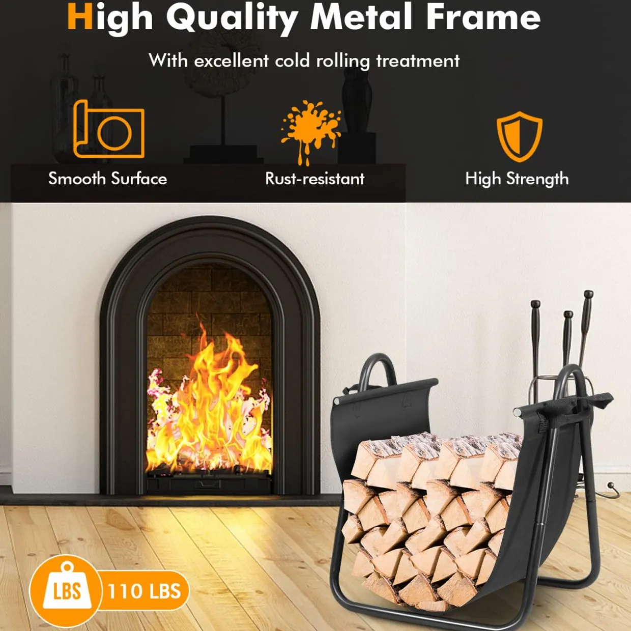 Tangkula Firewood Rack Holder with Canvas Carrier, Firewood Logs Stacker Basket for Indoor or Outdoor Use