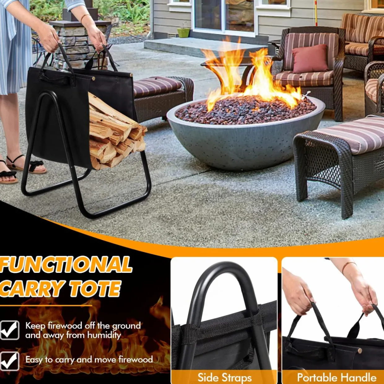 Tangkula Firewood Rack Holder with Canvas Carrier, Firewood Logs Stacker Basket for Indoor or Outdoor Use