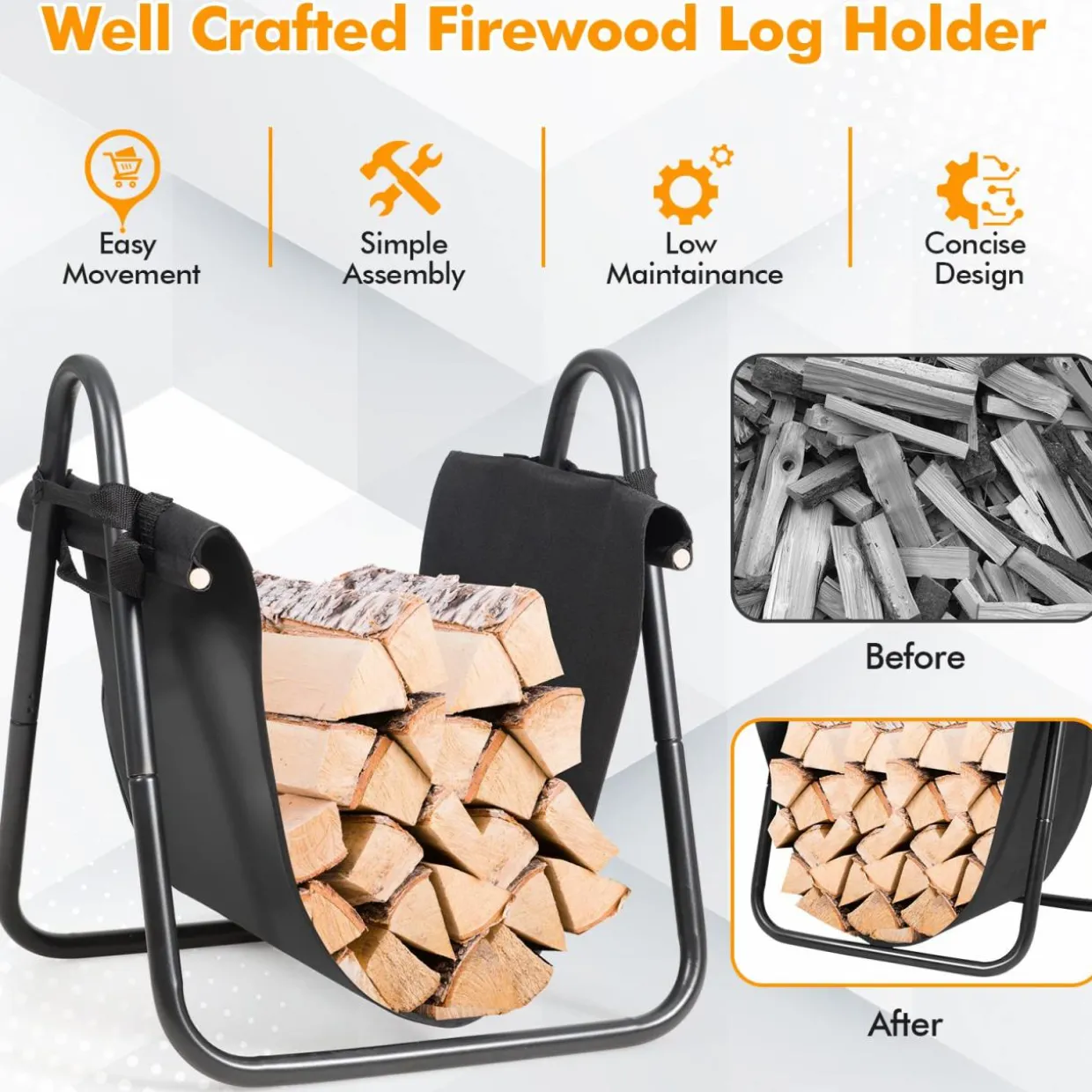 Tangkula Firewood Rack Holder with Canvas Carrier, Firewood Logs Stacker Basket for Indoor or Outdoor Use