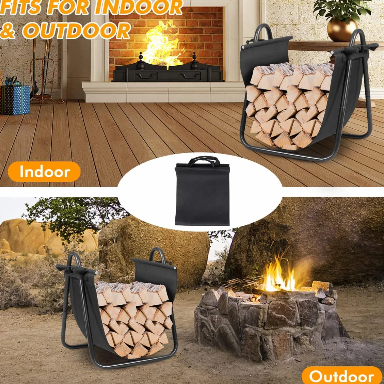Tangkula Firewood Rack Holder with Canvas Carrier, Firewood Logs Stacker Basket for Indoor or Outdoor Use