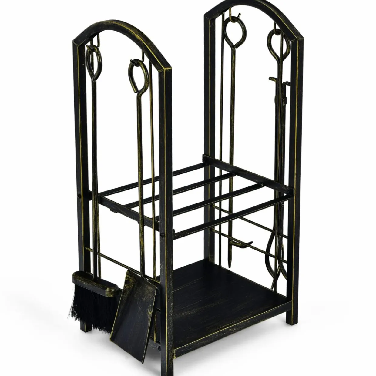 Tangkula Firewood Rack with 4 Fireplace Tools, Firewood Rack Bin Log Holder with Fireplace Tools Set