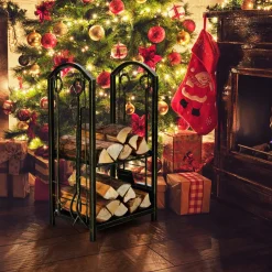 Tangkula Firewood Rack with 4 Fireplace Tools, Firewood Rack Bin Log Holder with Fireplace Tools Set