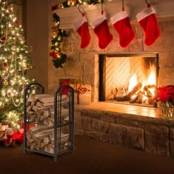 Tangkula Firewood Rack with 4 Fireplace Tools, Firewood Rack Bin Log Holder with Fireplace Tools Set (17.5" L x 12" W x 29.5" H)