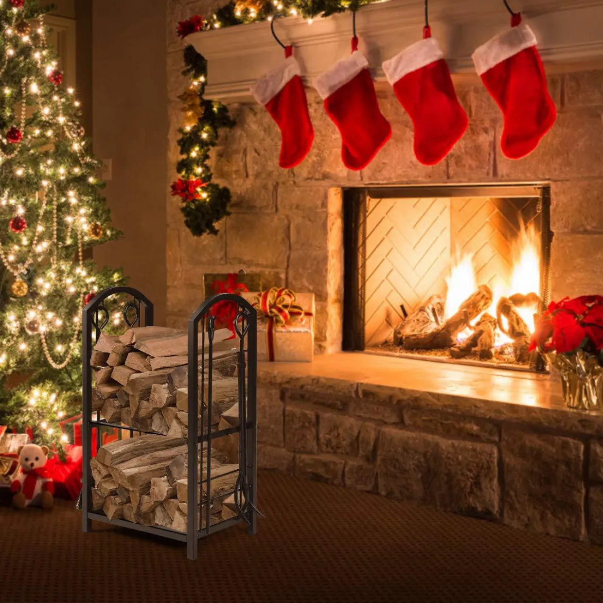 Tangkula Firewood Rack with 4 Fireplace Tools, Firewood Rack Bin Log Holder with Fireplace Tools Set