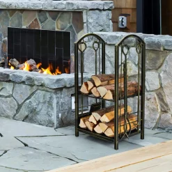 Tangkula Firewood Rack with 4 Fireplace Tools, Firewood Rack Bin Log Holder with Fireplace Tools Set