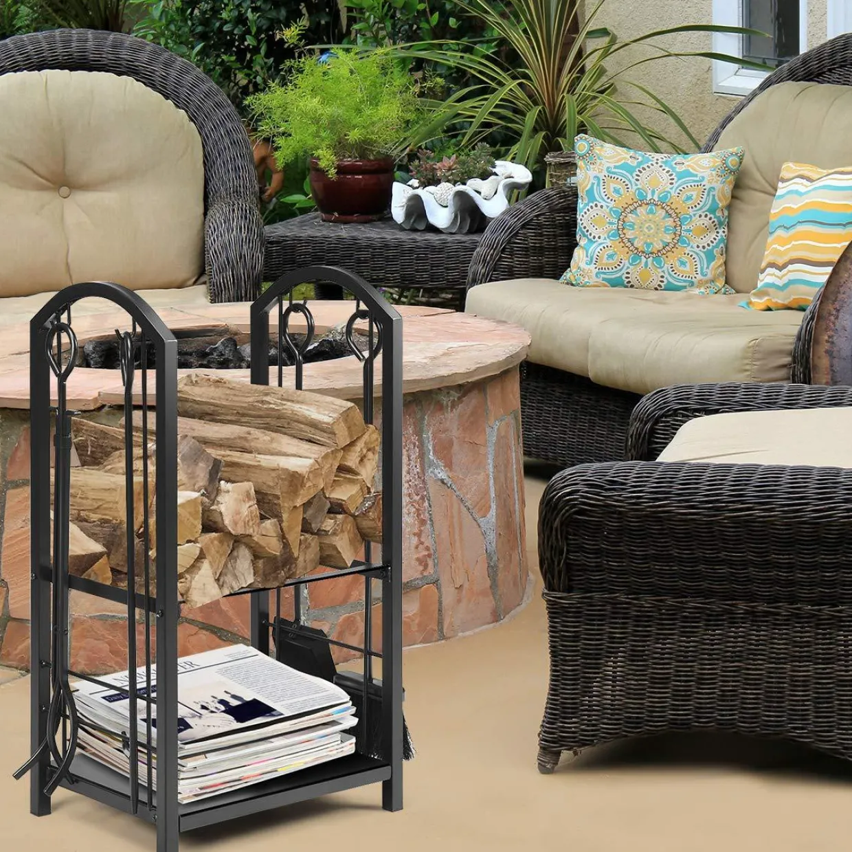 Tangkula Firewood Rack with 4 Fireplace Tools, Firewood Rack Bin Log Holder with Fireplace Tools Set (17.5" L x 12" W x 29.5" H)