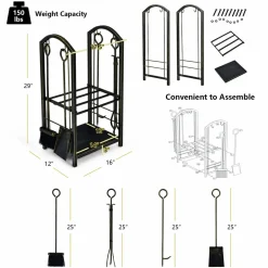 Tangkula Firewood Rack with 4 Fireplace Tools, Firewood Rack Bin Log Holder with Fireplace Tools Set