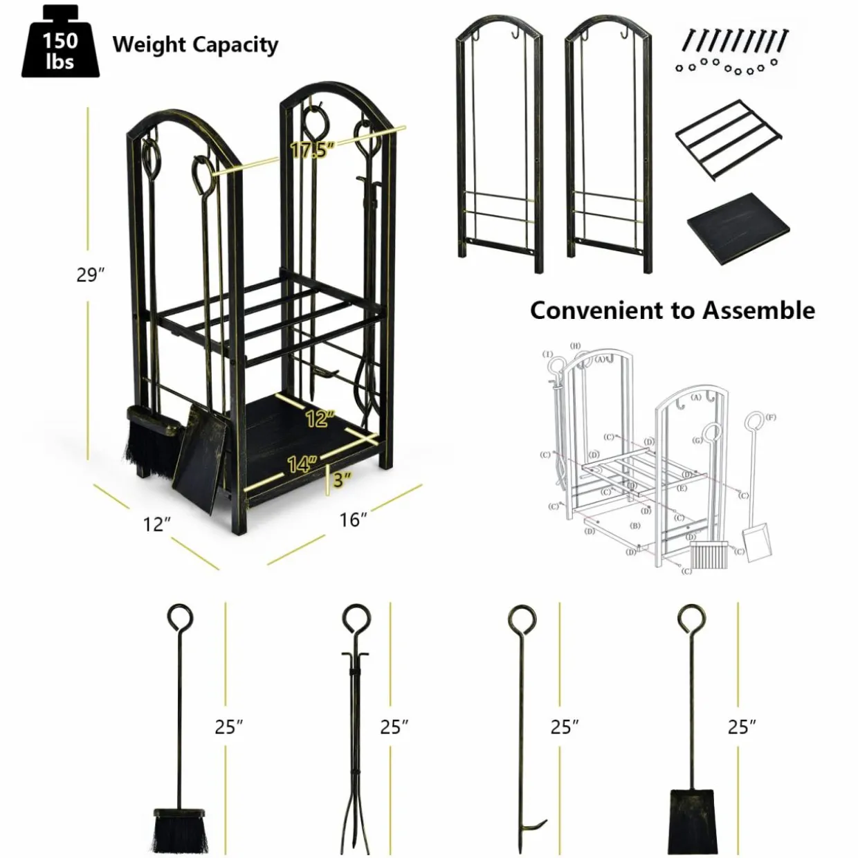 Tangkula Firewood Rack with 4 Fireplace Tools, Firewood Rack Bin Log Holder with Fireplace Tools Set