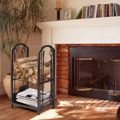 Tangkula Firewood Rack with 4 Fireplace Tools, Firewood Rack Bin Log Holder with Fireplace Tools Set (17.5