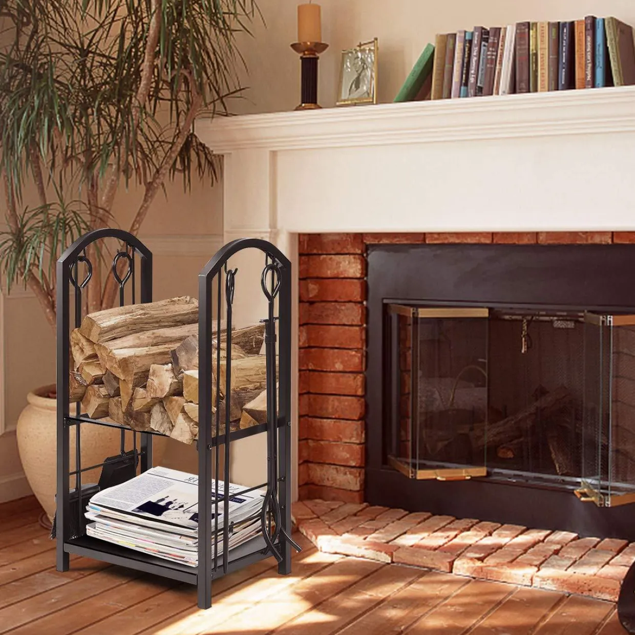 Tangkula Firewood Rack with 4 Fireplace Tools, Firewood Rack Bin Log Holder with Fireplace Tools Set (17.5" L x 12" W x 29.5" H)