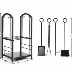 Tangkula Firewood Rack with 4 Fireplace Tools, Firewood Rack Bin Log Holder with Fireplace Tools Set (17.5