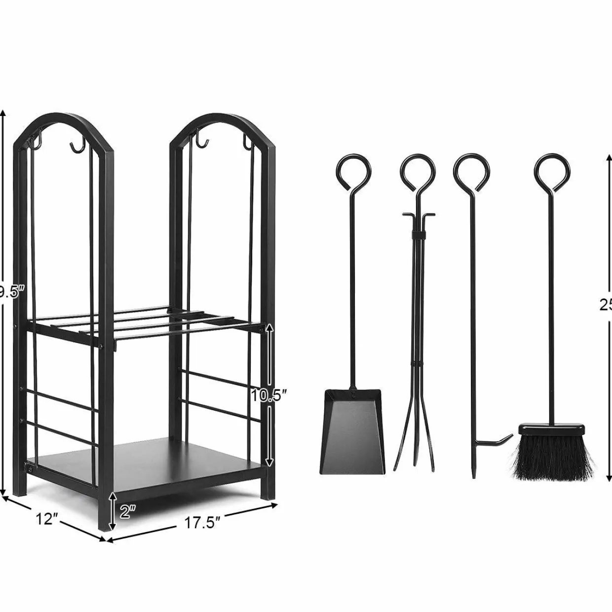 Tangkula Firewood Rack with 4 Fireplace Tools, Firewood Rack Bin Log Holder with Fireplace Tools Set (17.5" L x 12" W x 29.5" H)