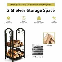 Tangkula Firewood Rack with 4 Fireplace Tools, Firewood Rack Bin Log Holder with Fireplace Tools Set
