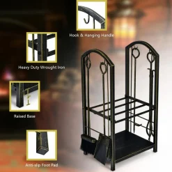 Tangkula Firewood Rack with 4 Fireplace Tools, Firewood Rack Bin Log Holder with Fireplace Tools Set