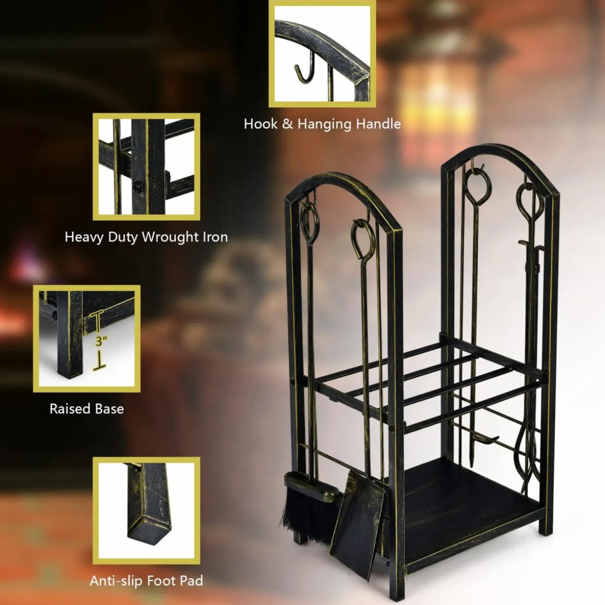 Tangkula Firewood Rack with 4 Fireplace Tools, Firewood Rack Bin Log Holder with Fireplace Tools Set