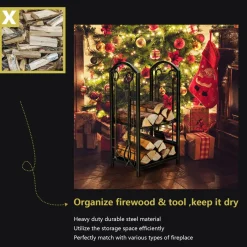 Tangkula Firewood Rack with 4 Fireplace Tools, Firewood Rack Bin Log Holder with Fireplace Tools Set