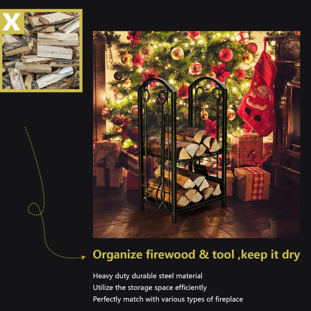 Tangkula Firewood Rack with 4 Fireplace Tools, Firewood Rack Bin Log Holder with Fireplace Tools Set