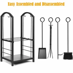 Tangkula Firewood Rack with 4 Fireplace Tools, Firewood Rack Bin Log Holder with Fireplace Tools Set (17.5
