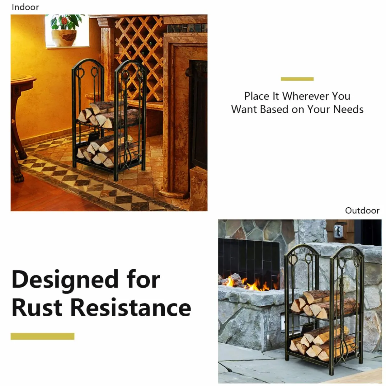 Tangkula Firewood Rack with 4 Fireplace Tools, Firewood Rack Bin Log Holder with Fireplace Tools Set