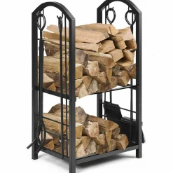 Tangkula Firewood Rack with 4 Fireplace Tools, Firewood Rack Bin Log Holder with Fireplace Tools Set