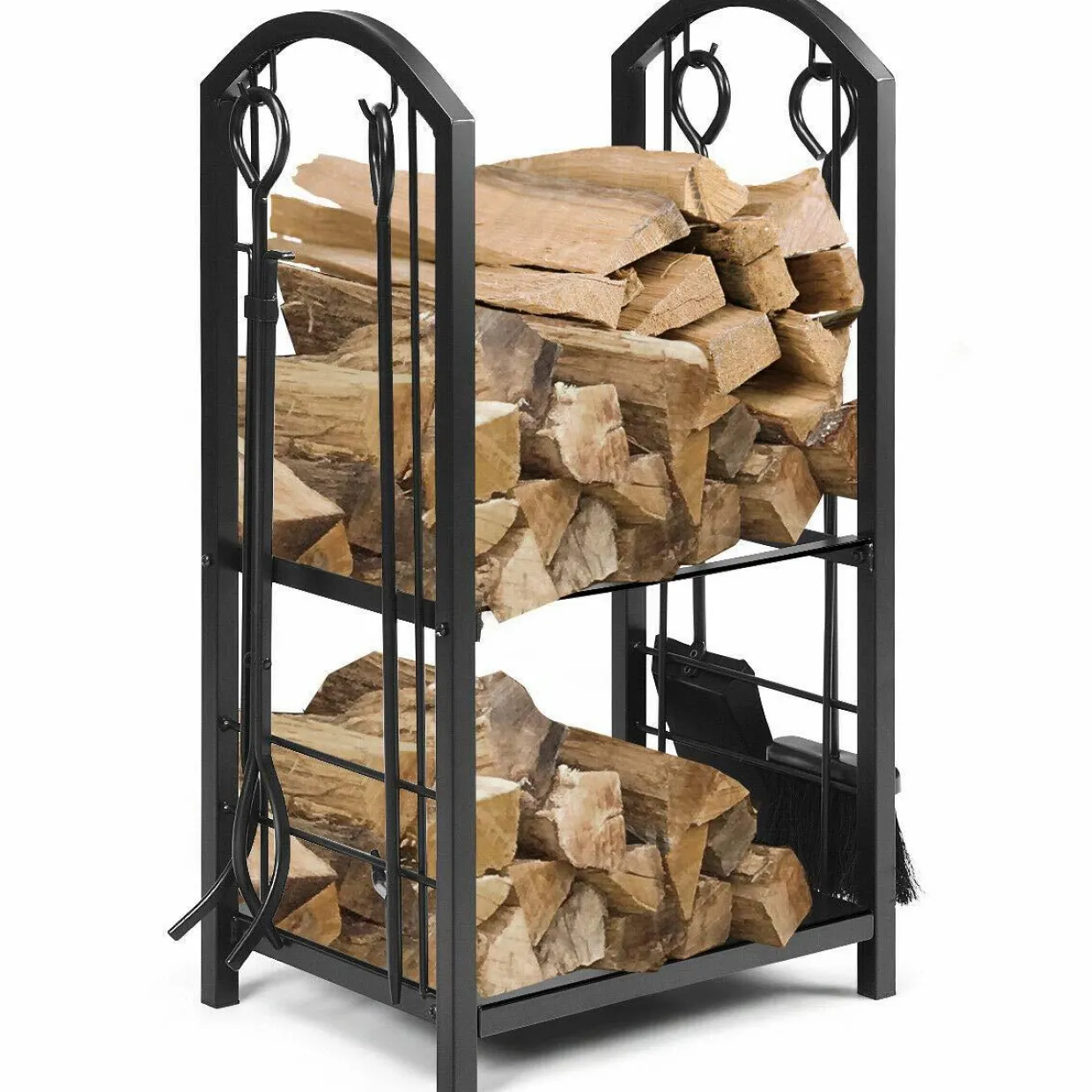 Tangkula Firewood Rack with 4 Fireplace Tools, Firewood Rack Bin Log Holder with Fireplace Tools Set
