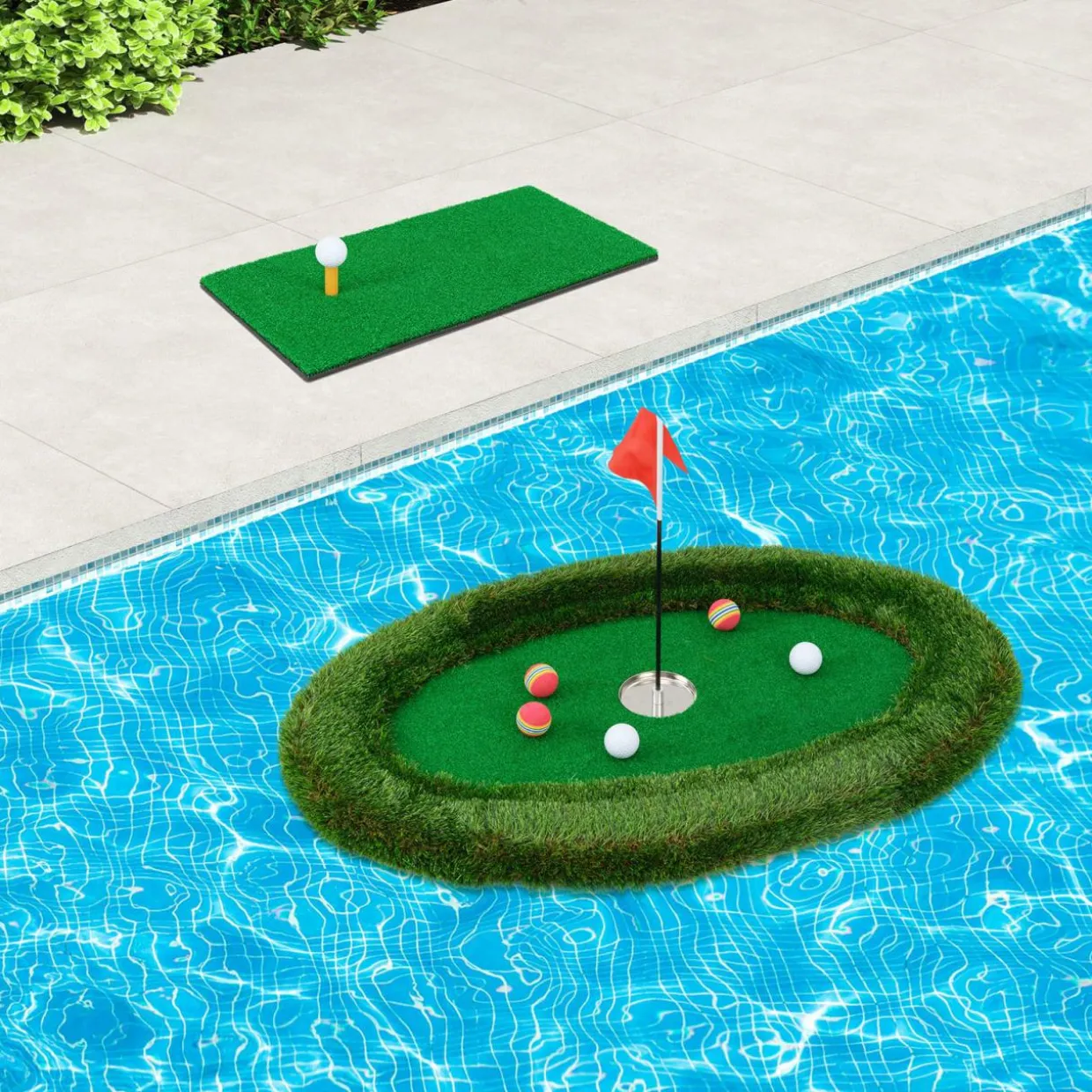 Tangkula Floating Golf Green for Pool, Floating Chipping Green Includes Golf Hitting Mat