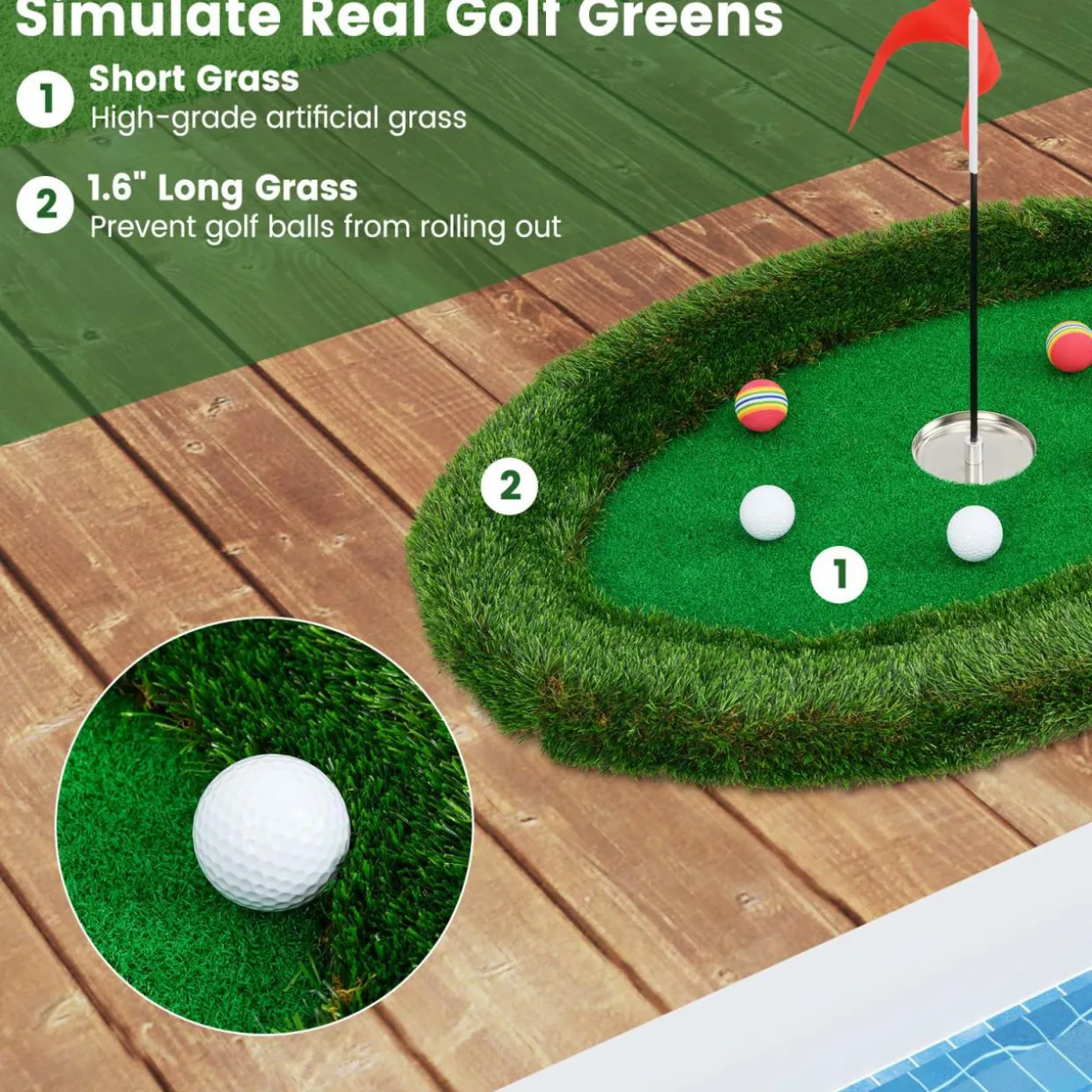 Tangkula Floating Golf Green for Pool, Floating Chipping Green Includes Golf Hitting Mat