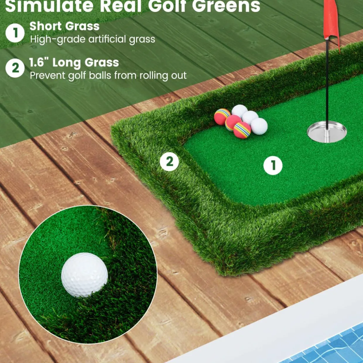 Tangkula Floating Golf Green for Pool, Floating Chipping Green Includes Golf Hitting Mat