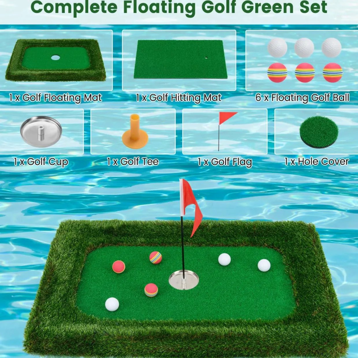 Tangkula Floating Golf Green for Pool, Floating Chipping Green Includes Golf Hitting Mat