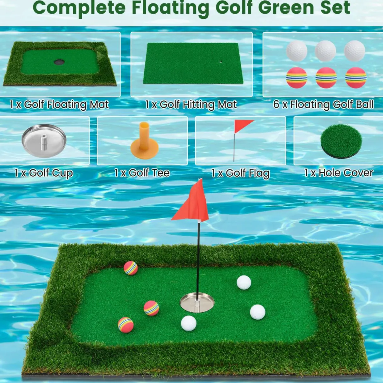 Tangkula Floating Golf Green for Pool, Floating Chipping Green Includes Golf Hitting Mat